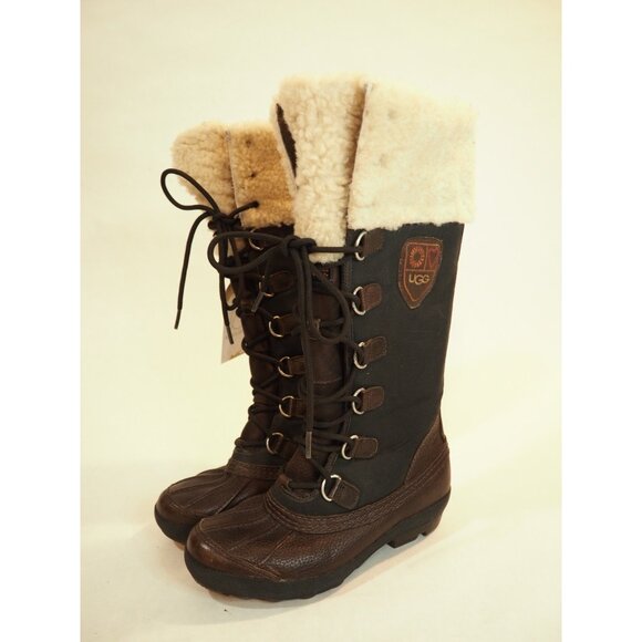 Ugg Tall Black Sheepskin Top Brown Leather Winter Duck Boots, Size 6 (US) - Picture 1 of 13